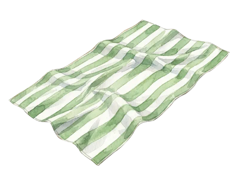Watercolor illustration of a green and white striped beach towel