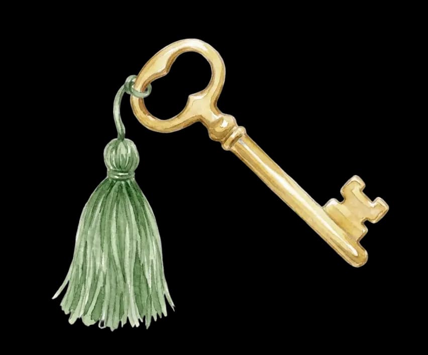 Watercolor illustration of a gold key with a green tassel