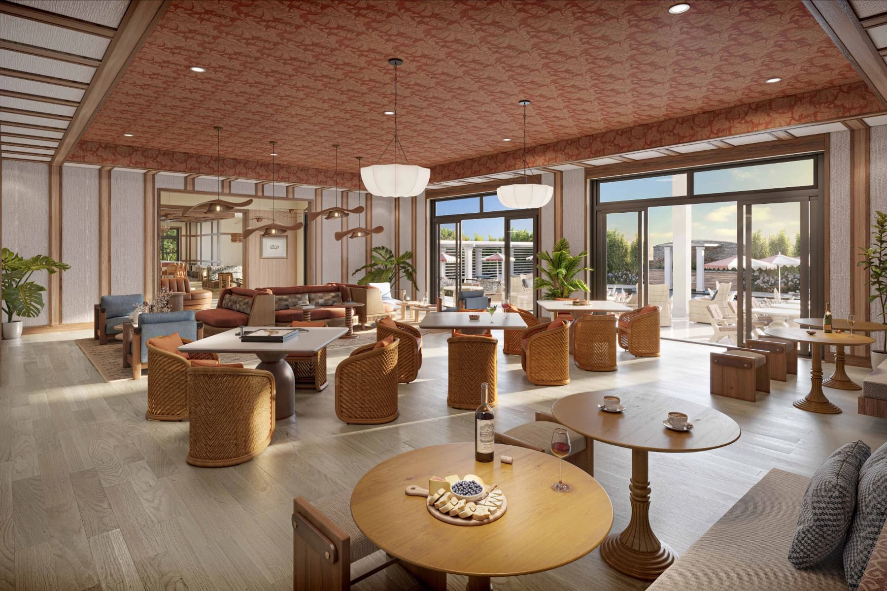 Liora Multi Purpose Room rendering with indoor seating and terrace views
