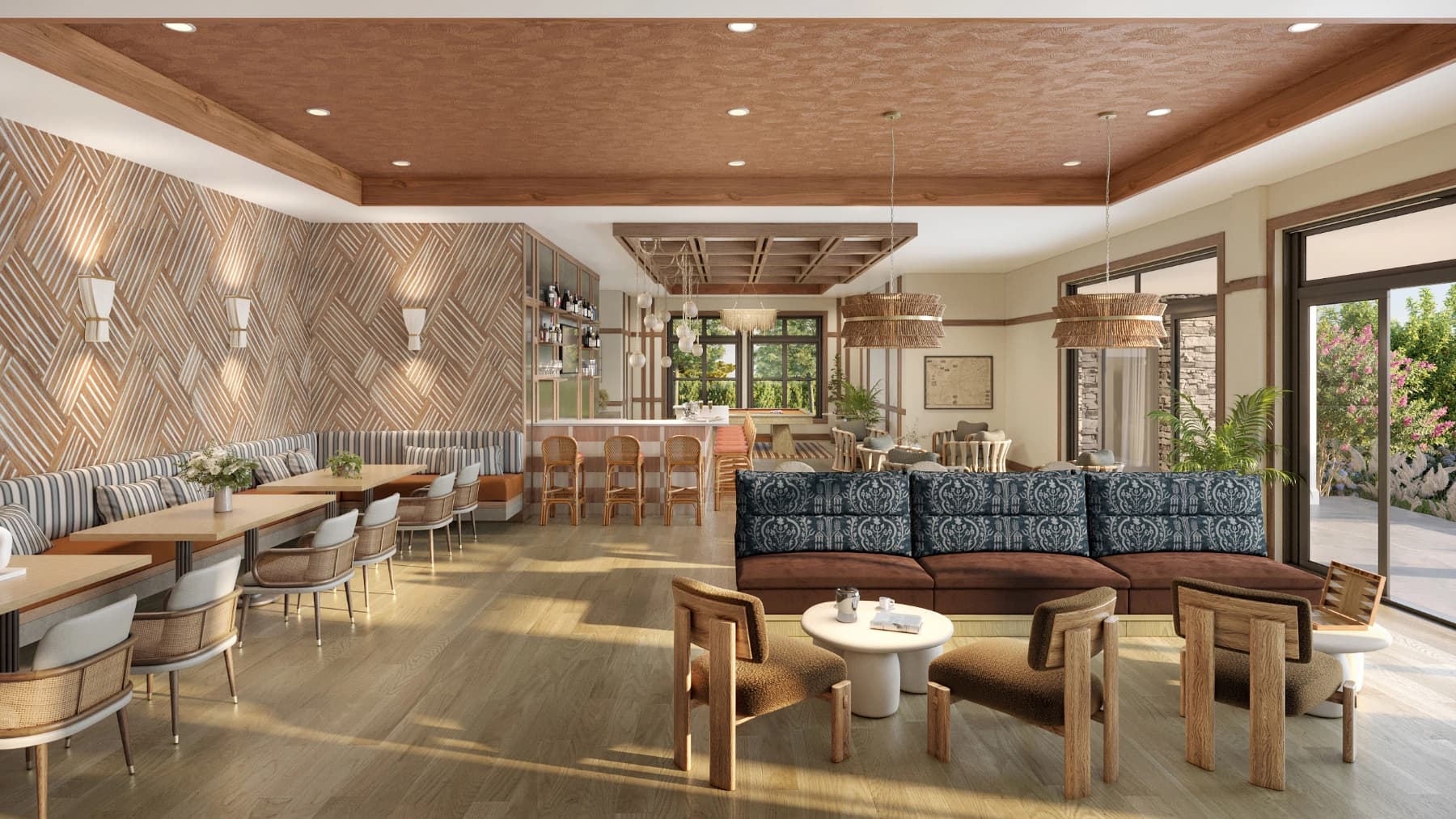 Liora club lounge rendering with bar seating and patterned banquettes