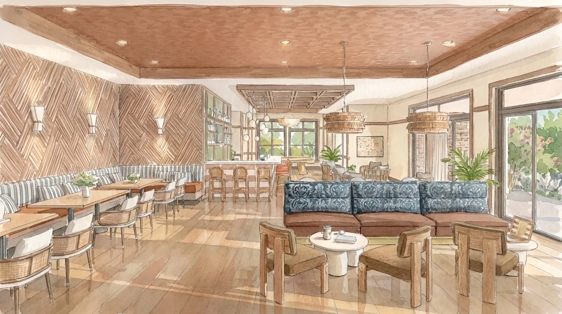 Watercolor rendering of the Liora club lounge with bar seating